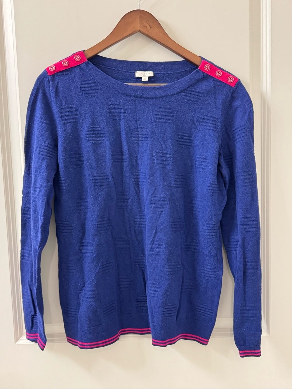 Talbots Textured Indigo Blue Sweater Womens Sz M Cotton Blend Button Accent Top